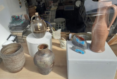 Window display of Oxshott Pottery ceramics